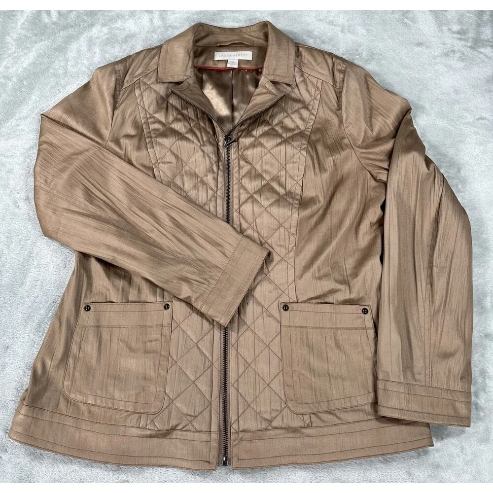 Laura Ashley Womens Quilted Jacket Medium Gold Champagne Metallic Shimmer Zip